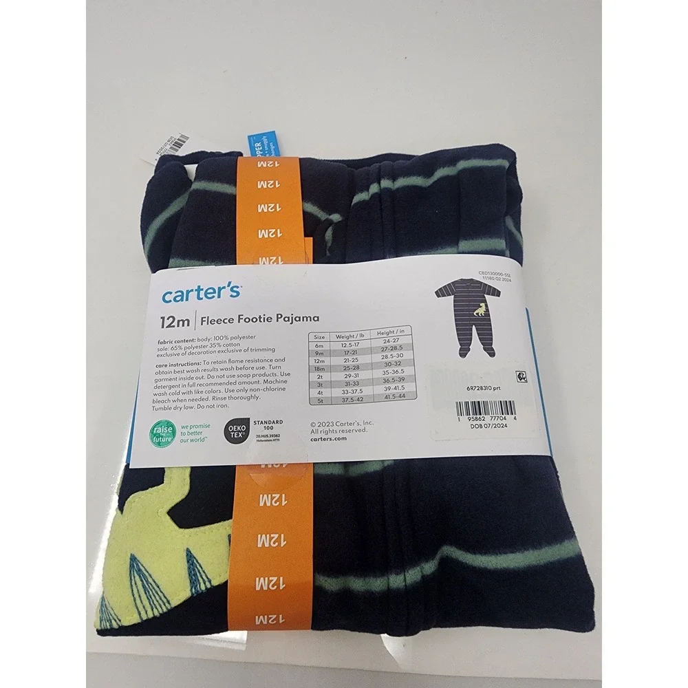 Carter's Boys Fleece Footie Pajama Blue Striped Dinosaur Casual Size 12 Month
